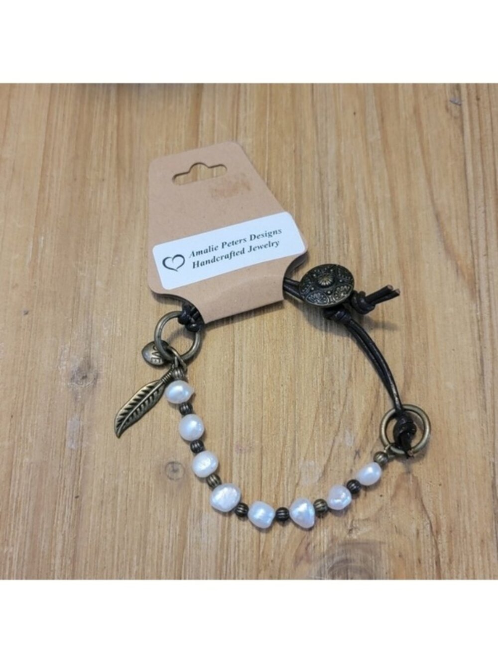 NEW Amalie Peters Ivory Pearl Brown Leather Button Beaded Boho Bracelet